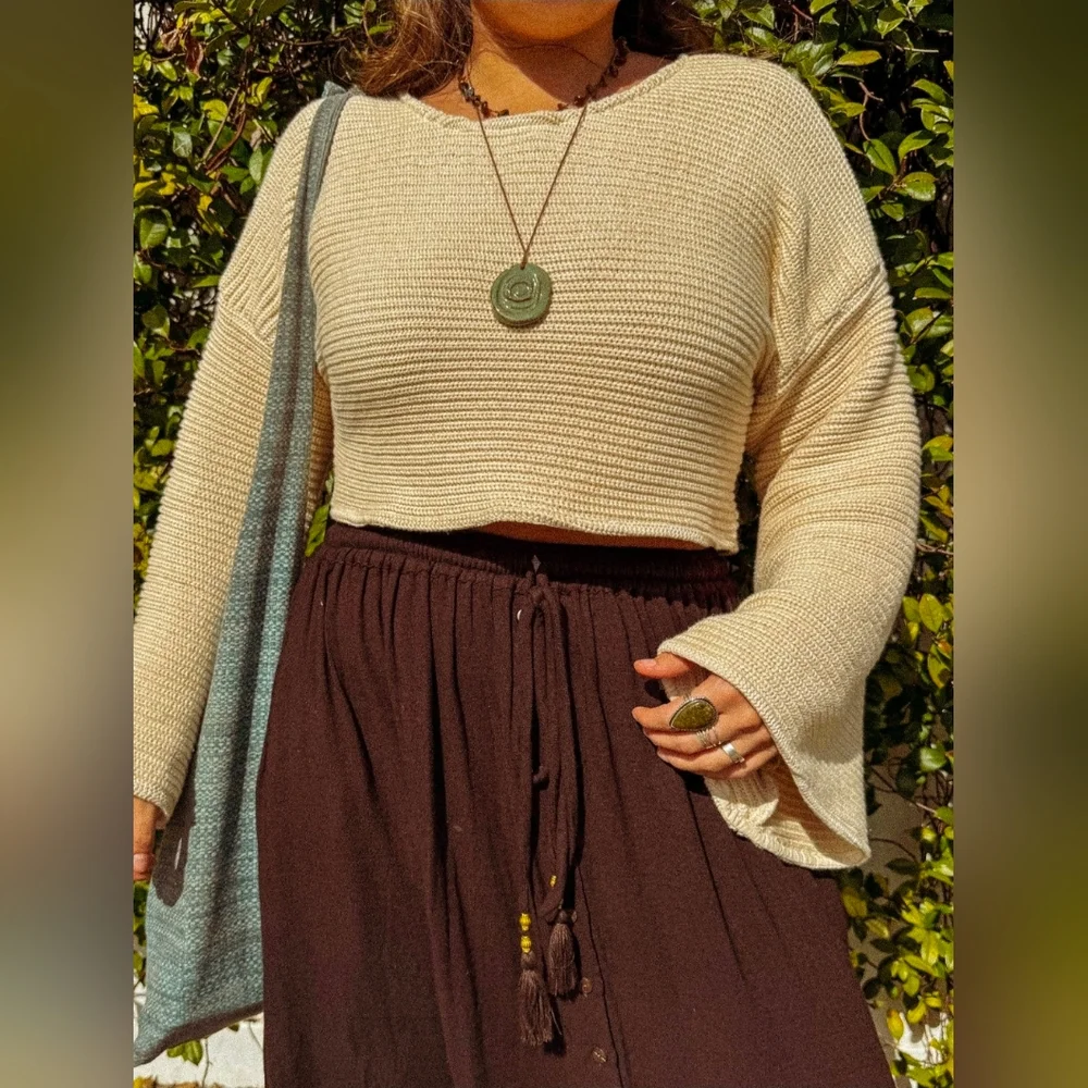 Gardenbelle 100% Organic Cotton Cozy Cropped Bell-Sleeve Sweater - Tan - Picture 9 of 9